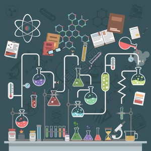 碎裂水银温度计科学实验室与平板瓶物理符号矢量插图科学扁平化插画