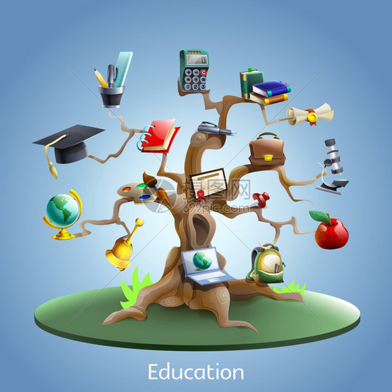 教育树的教育学树与笔记本电脑毕业证书的蓝色背景卡通矢量插图图片