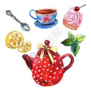 水彩茶具与杯茶壶勺子甜点孤立矢量插图水彩茶具图片