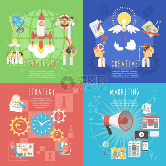 商业创业全球战略创意营销4平图标成海报抽象孤立矢量插图业务启动4平横幅图片