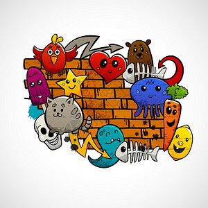 涂鸦人物平颜色涂鸦卡通动物水果抽象人物围绕砖墙平颜色矢量插图图片