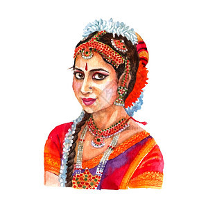 印度妇女肖像水彩插图传统女装发型丽的印度女士的肖像,红色水彩抽象矢量插图图片