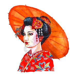 传统女装头发排列的红色水彩抽象矢量插图丽的日本女士的肖像日本妇女肖像水彩插图图片