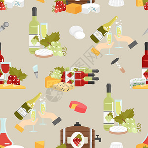 奶酪葡萄酒装饰图案葡萄酒瓶子眼镜与奶酪配件平色装饰无缝图案矢量插图图片