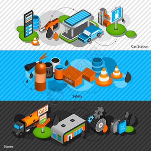 汽油柴油站等距横幅方便车间安全设备抽象孤立矢量插图加油站等距横幅图片