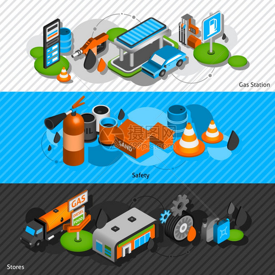 汽油柴油站等距横幅方便车间安全设备抽象孤立矢量插图加油站等距横幅图片