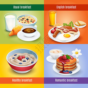 早餐4平图标方形合传统早餐咖啡馆菜单4平图标构图海报与牛角包咖啡抽象孤立矢量插图图片