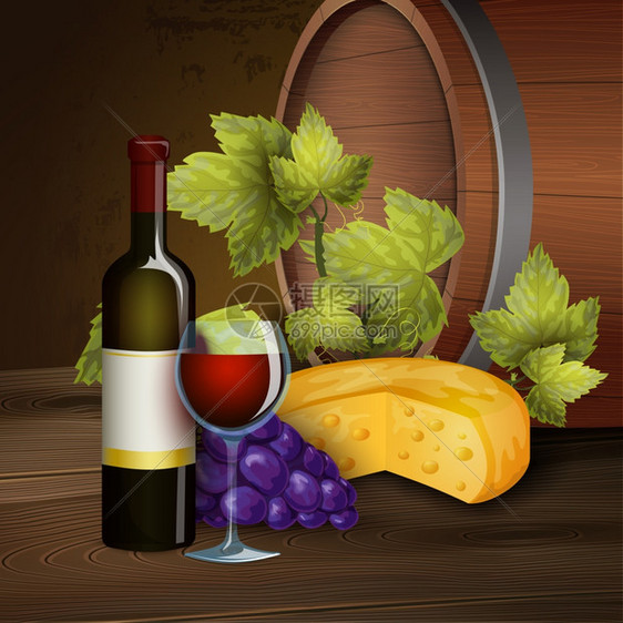 酒瓶橡木桶背景红色酒瓶璃与奶酪葡萄元素黑暗背景装饰海报抽象矢量插图图片