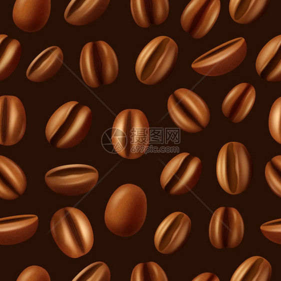 咖啡豆无缝图案背景装饰干燥烘焙芳香摩卡咖啡豆深棕色背景无缝图案抽象矢量插图图片