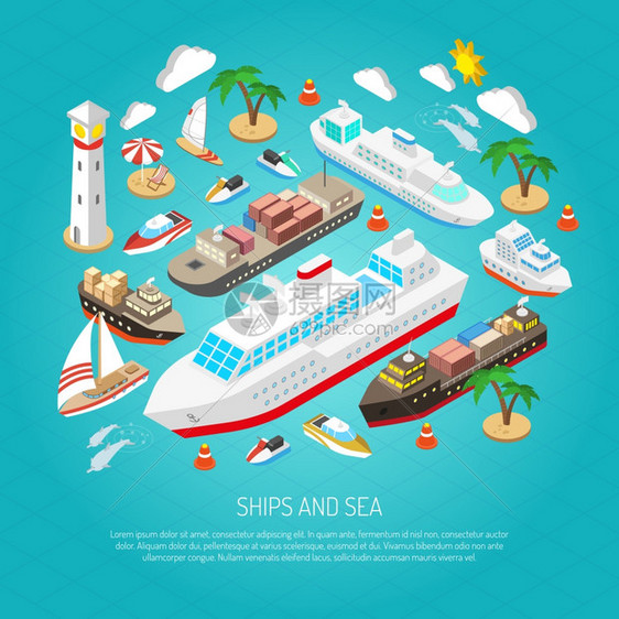 海上船舶与渡船,货物船,游艇海滩等距矢量插图海洋船舶图片