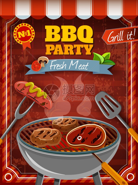 烧烤派海报与热肉香肠烧烤矢量插图烧烤派海报图片