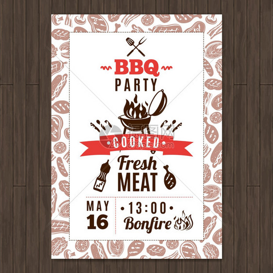 烧烤派宣传海报与新鲜烤肉元素矢量插图烧烤派海报图片