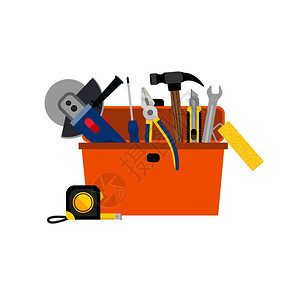 房屋维修工具箱工具箱,用于房屋维修家庭翻新与电力手工工具矢量插图图片