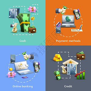 银行支付图标银行支付方法卡通图标线操作信用隔离向量插图图片