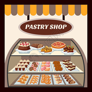 糕点店的背景糕点店背景与美味蛋糕馅饼饼干甜甜圈平矢量插图图片