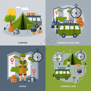 野营集与徒步旅行夏季冒险平图标孤立矢量插图露营平图标图片
