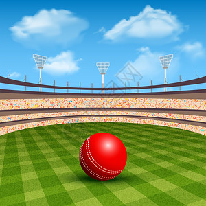 开放的板球体育场与现实的红色皮球矢量插图板球体育场图片