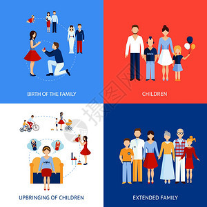 家庭家庭集与人关系平图标孤立矢量插图图片