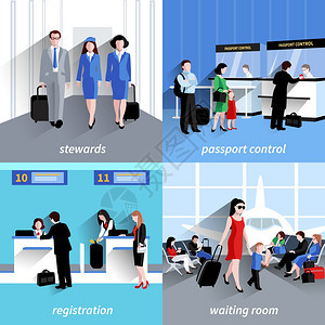 人们机场集与护照控制注册平图标隔离矢量插图机场的人图片