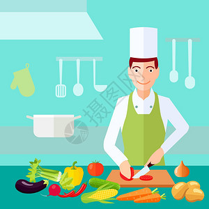 烹饪平颜色烹饪过程厨师切番茄与许多蔬菜桌子上平颜色矢量插图图片
