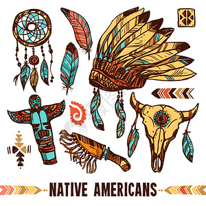 美洲土著人装饰图标集美洲土著风格的头骨鼓战争帽子与羽毛颜色装饰图标矢量插图图片