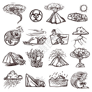 自然灾害草图图标自然灾害地震海啸火山龙卷风等灾变涂鸦素描手绘孤立矢量插图图片
