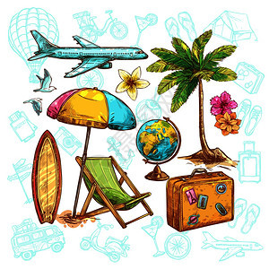 旅行草图集与遮阳球棕榈矢量插图旅行草图集图片
