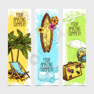 旅行垂直横幅草图棕榈冲浪板手提箱孤立矢量插图旅行横幅套图片