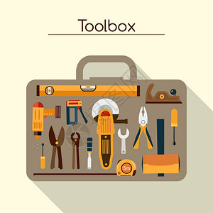 工具箱工具工具箱的工人与手工电动工具矢量插图图片