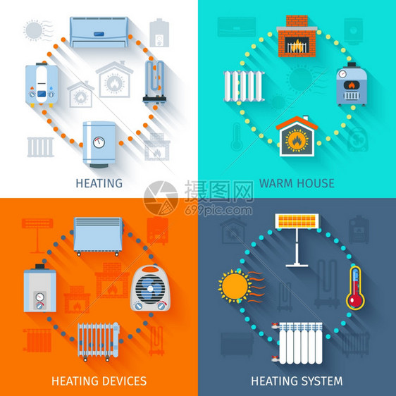 加热系统图标加热装置系统暖房电气消防平颜色图标隔离矢量插图图片