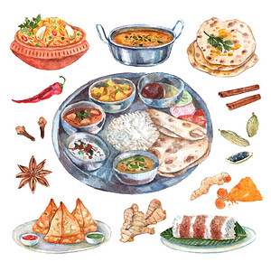 印度餐厅食品成分成传统印度菜餐厅食品配料象形文字构图海报与主菜副菜抽象矢量插图图片