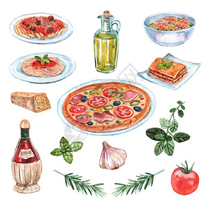 意大利食品水彩画套装意大利食品水彩套装与比萨饼意大利葡萄酒分离矢量插图图片
