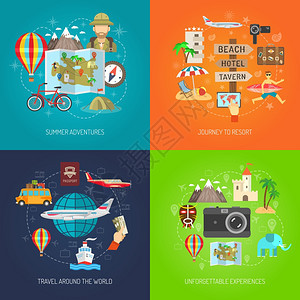 旅行平装饰图标夏季冒险之旅度假环游世界平彩色装饰图标矢量插图图片