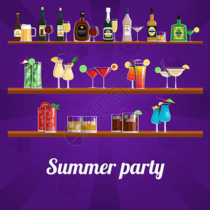 夏季鸡尾酒会与饮料茶点货架矢量插图夏季鸡尾酒会的图片