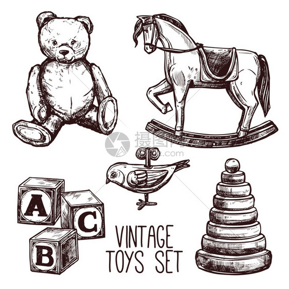 老式玩具与素描泰迪熊马金字塔孤立矢量插图老式玩具套装图片