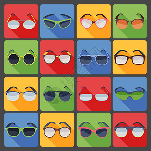 太阳镜眼镜时尚平图标各种时尚的框架形状现代夏季太阳镜平图标明亮的彩色抽象孤立矢量插图图片