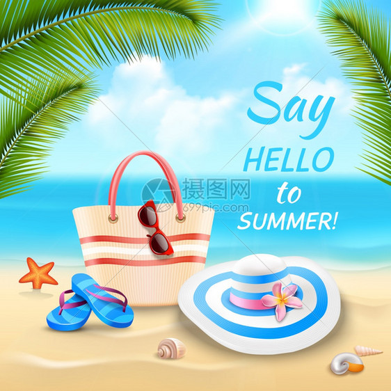 暑假背景与海滩袋帽拖鞋上的沙子现实矢量插图假期背景插图图片