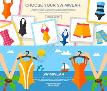 泳装平旗套装夏季女时尚服装与选择您的泳装文字平色水平横幅孤立矢量插图图片