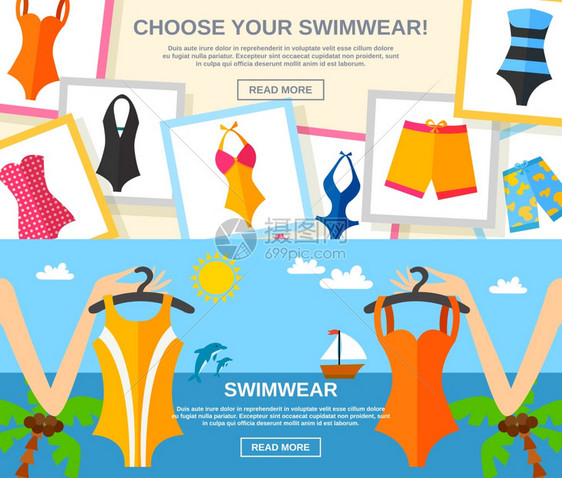 泳装平旗套装夏季女时尚服装与选择您的泳装文字平色水平横幅孤立矢量插图图片