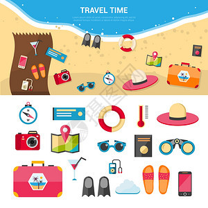 暑假旅游图标暑假海上度假旅游与平图标矢量插图图片