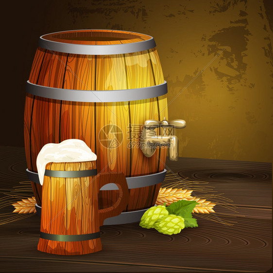 老式啤酒吧背景海报印刷橡木桶大木杯现实矢量插图啤酒橡木杯桶背景横幅图片