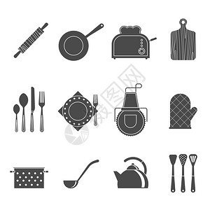 厨房工具配件黑色图标厨具工具配件图标与切割板围裙黑色抽象孤立矢量插图图片