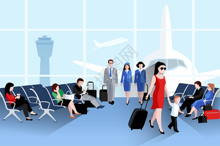 机场人员成人们机场构图与飞机窗口行矢量插图图片