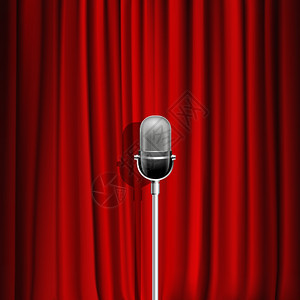 麦克风红色窗帘背景麦克风红色窗帘现实背景舞台符号矢量插图图片