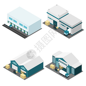 仓库等距图标仓库建筑等距图标卡车箱道路隔离矢量插图图片