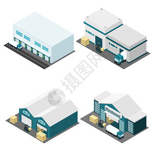 仓库等距图标仓库建筑等距图标卡车箱道路隔离矢量插图图片