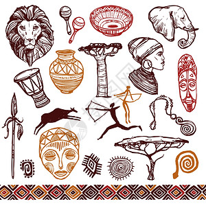 非洲涂鸦图标狮子具鼓孤立矢量插图非洲涂鸦集图片