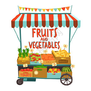 街头销售推车与水果蔬菜卡通矢量插图带水果的手推车图片
