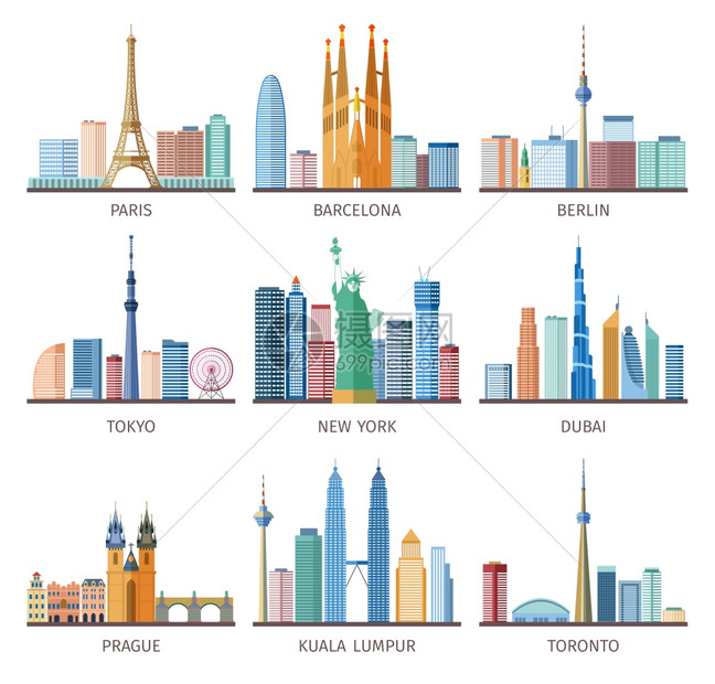城市天际线图标城市天际线图标世界各地埃菲尔铁塔自由女神像平孤立矢量插图图片