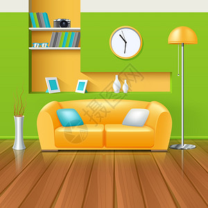 现代室内现代室内绿色黄彩范围与沙发花瓶时钟现实矢量插图图片
